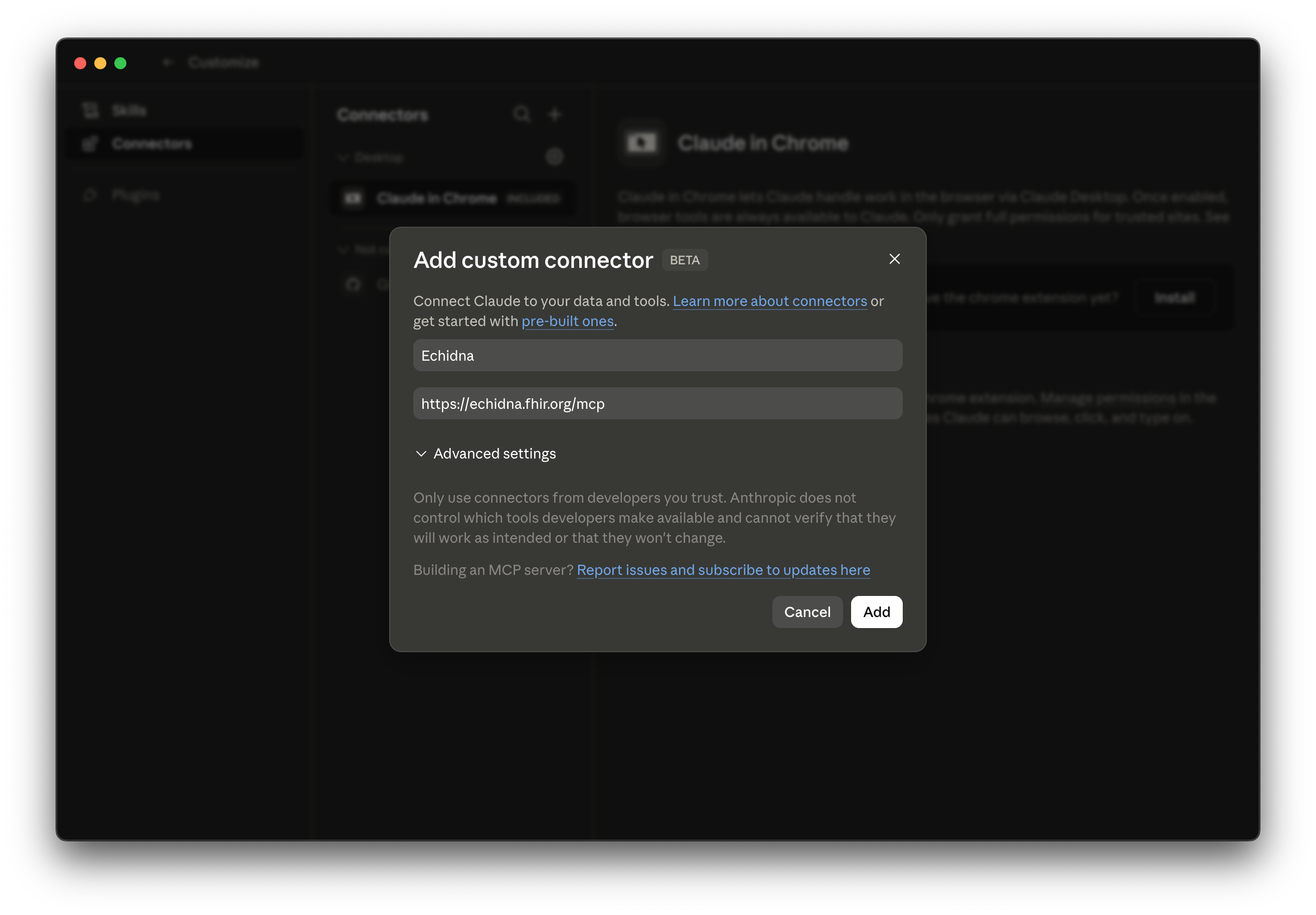 Add custom connector dialog